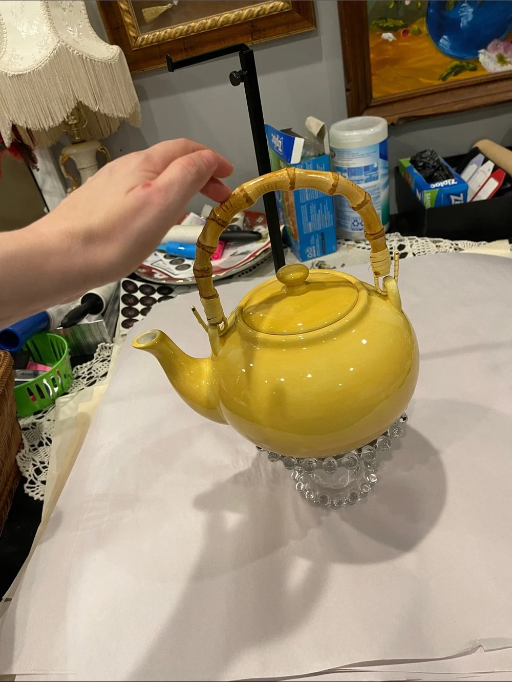 Pottery Barn Sausalito Yellow Ceramic Teapot Bamboo Handle  Tea Kettle